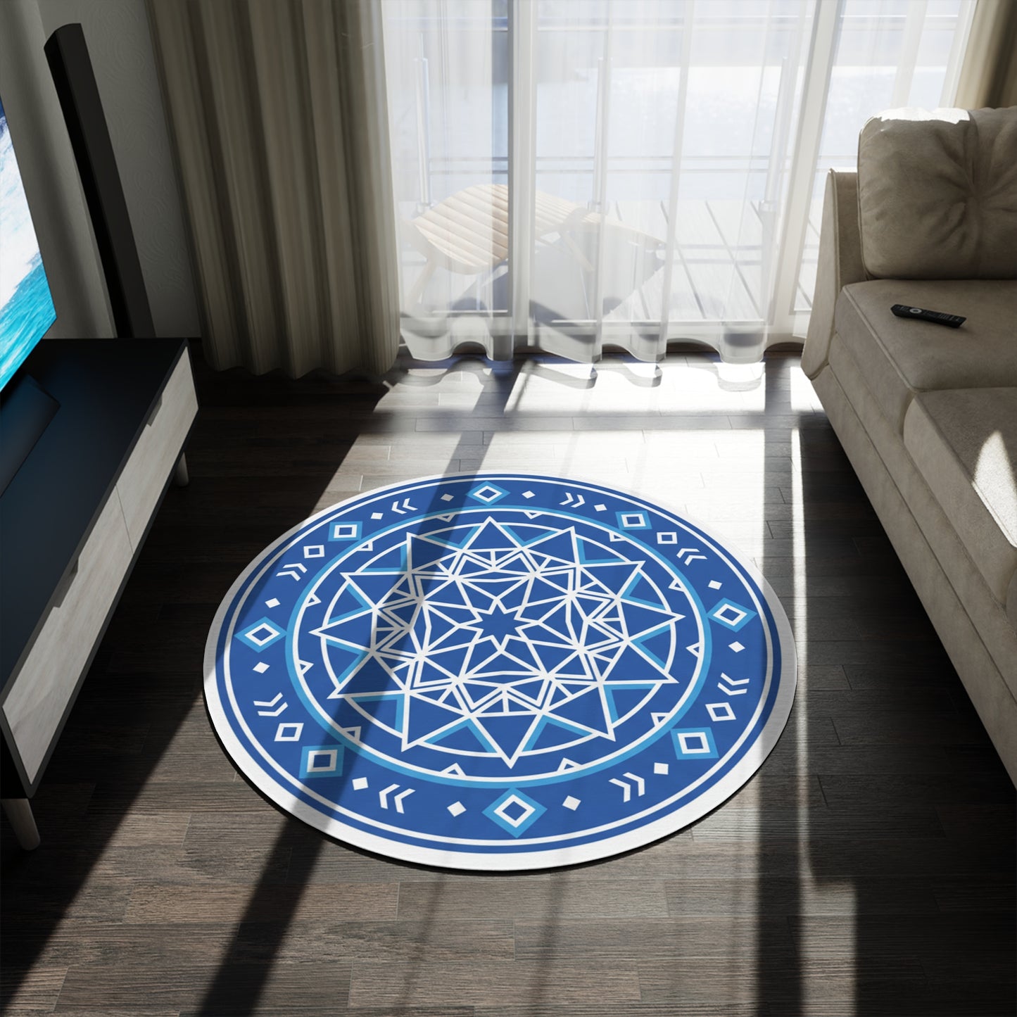 Blue Mandala Round Rug — Geometric Boho Accent Floor Mat