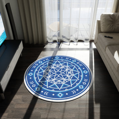 Blue Mandala Round Rug — Geometric Boho Accent Floor Mat