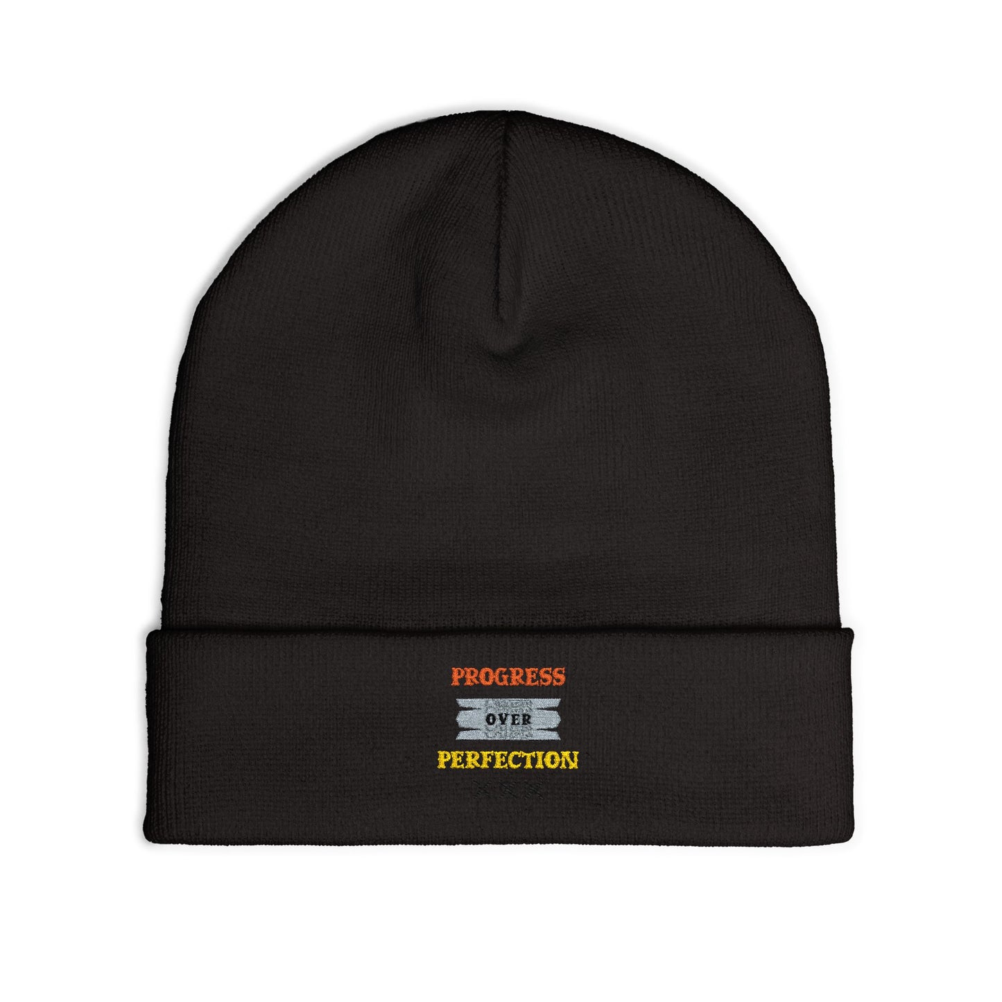 Embroidered Knit Beanie — 'Progress Over Perfection' Cozy Winter Hat