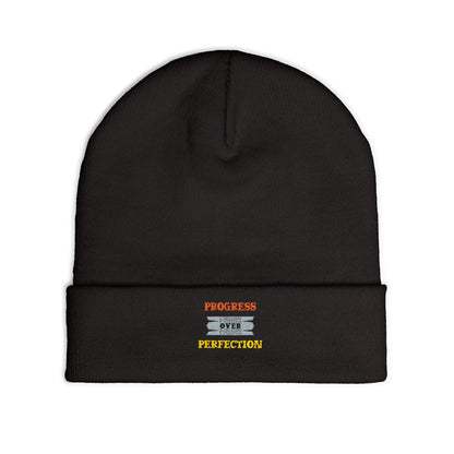 Embroidered Knit Beanie — 'Progress Over Perfection' Cozy Winter Hat