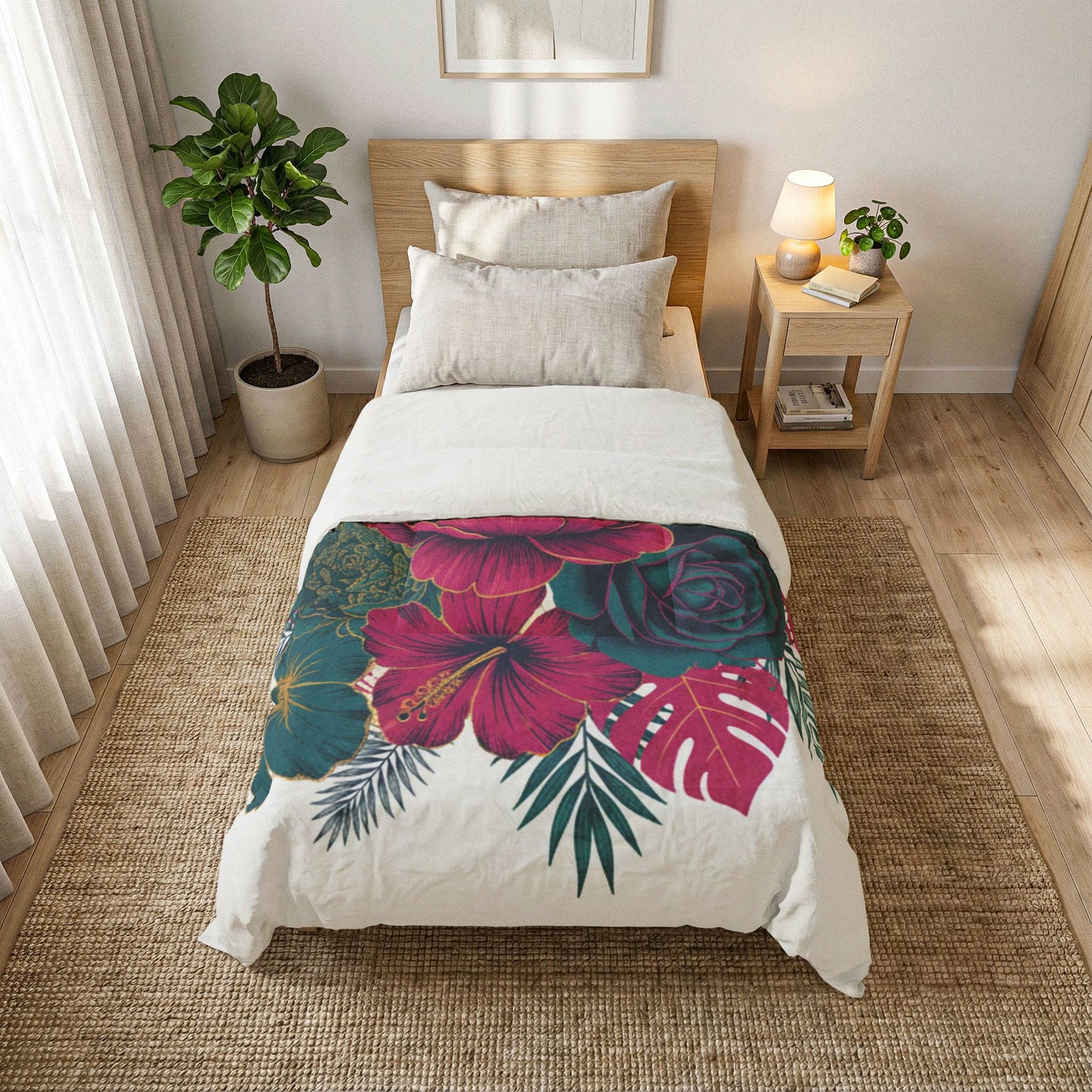 Floral Cotton Comforter - Tropical Pink & Teal Peony Bedding