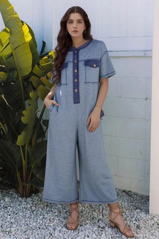 Placket Chest Pockets Short Sleeve Wide Leg Jumpsuit - Merit Sell