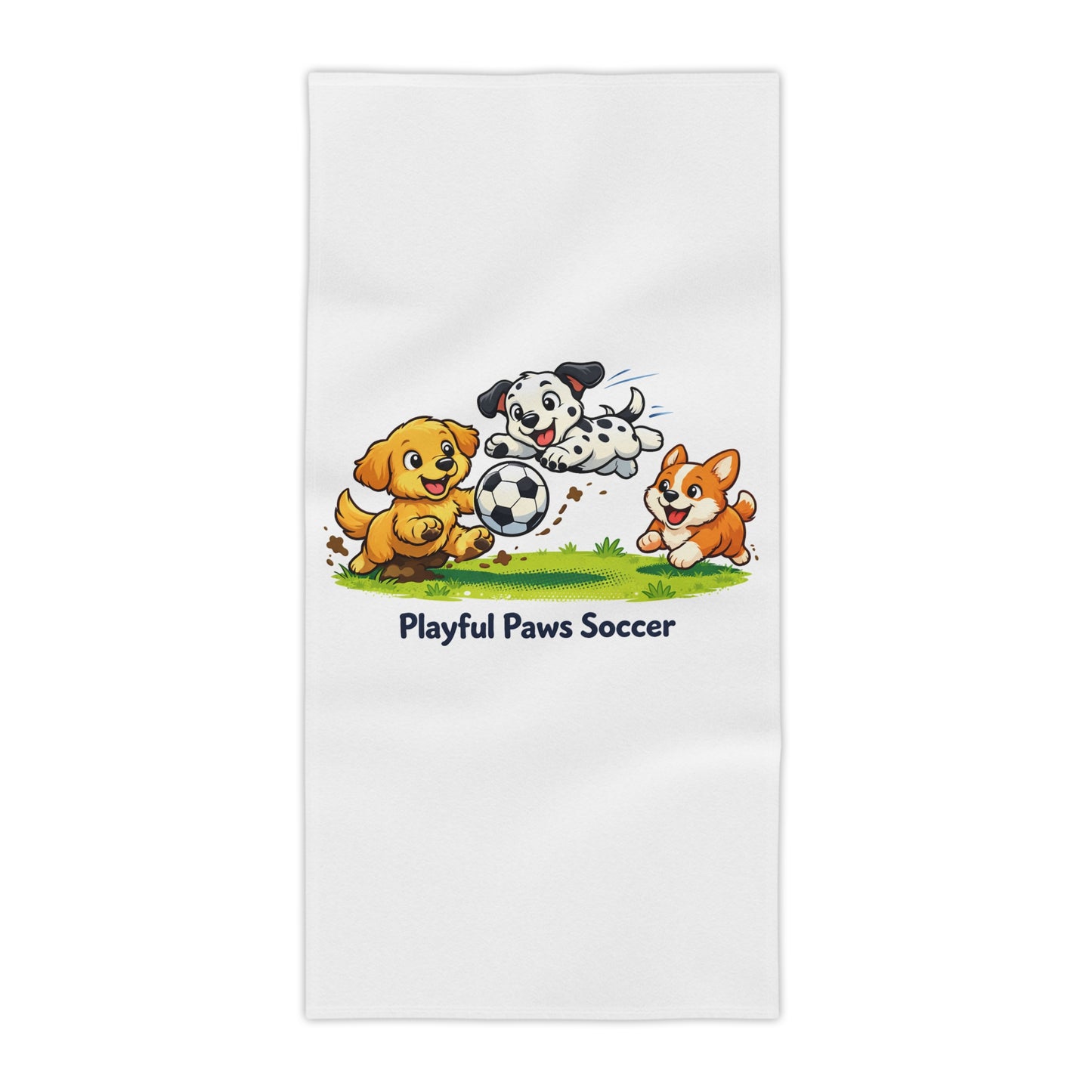Playful Paws Soccer Beach Towel — Cute Puppies Playing Soccer Kids Towel