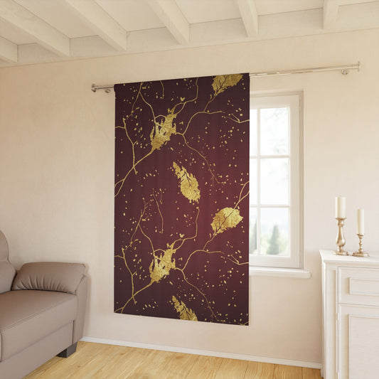 Gold Leaf Branch Window Curtain — Burgundy Drapery Panel