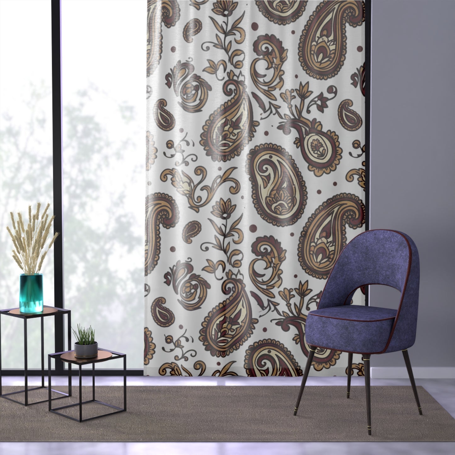 Paisley Sheer Window Curtain – Brown Floral Drapery Panel