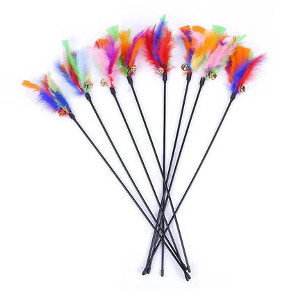 5pcs Funny Kitten Cat Teaser Interactive Toy Rod with Bell and Feather Toys For Pet Cats Stick Wire Chaser Wand Toy Random Color - Merit Sell
