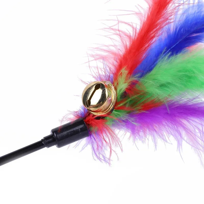 5pcs Funny Kitten Cat Teaser Interactive Toy Rod with Bell and Feather Toys For Pet Cats Stick Wire Chaser Wand Toy Random Color - Merit Sell