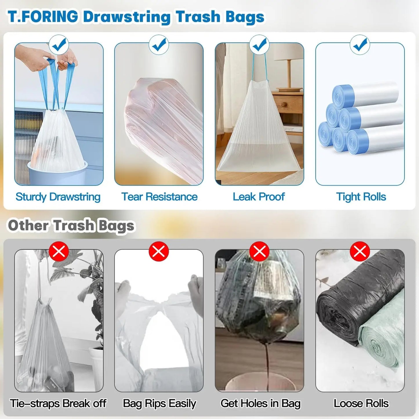 6 Gallon Drawstring Trash Bags, 120 Count Medium Garbage Liners, Strong Unscented for Home Office