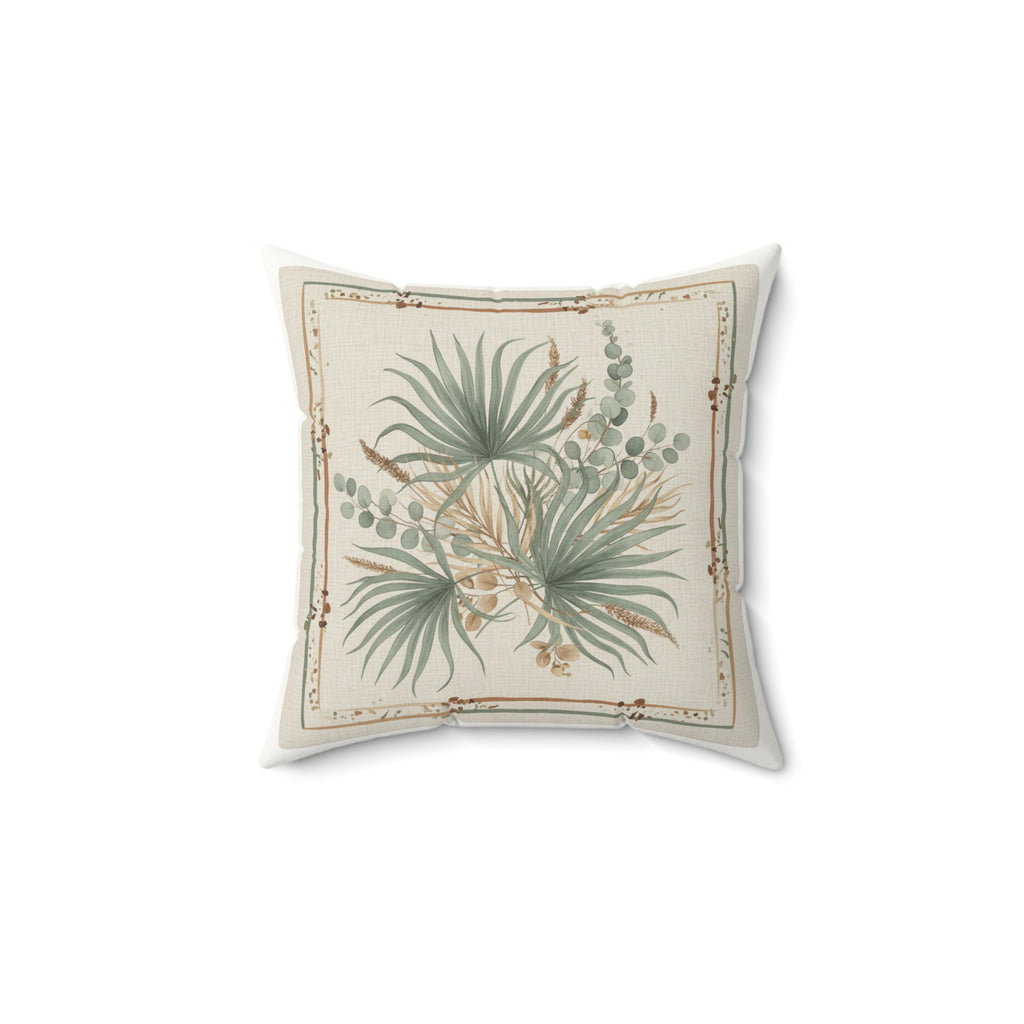 Botanical Palm Faux Suede Pillow — Green Palm Leaf Square Throw Pillow
