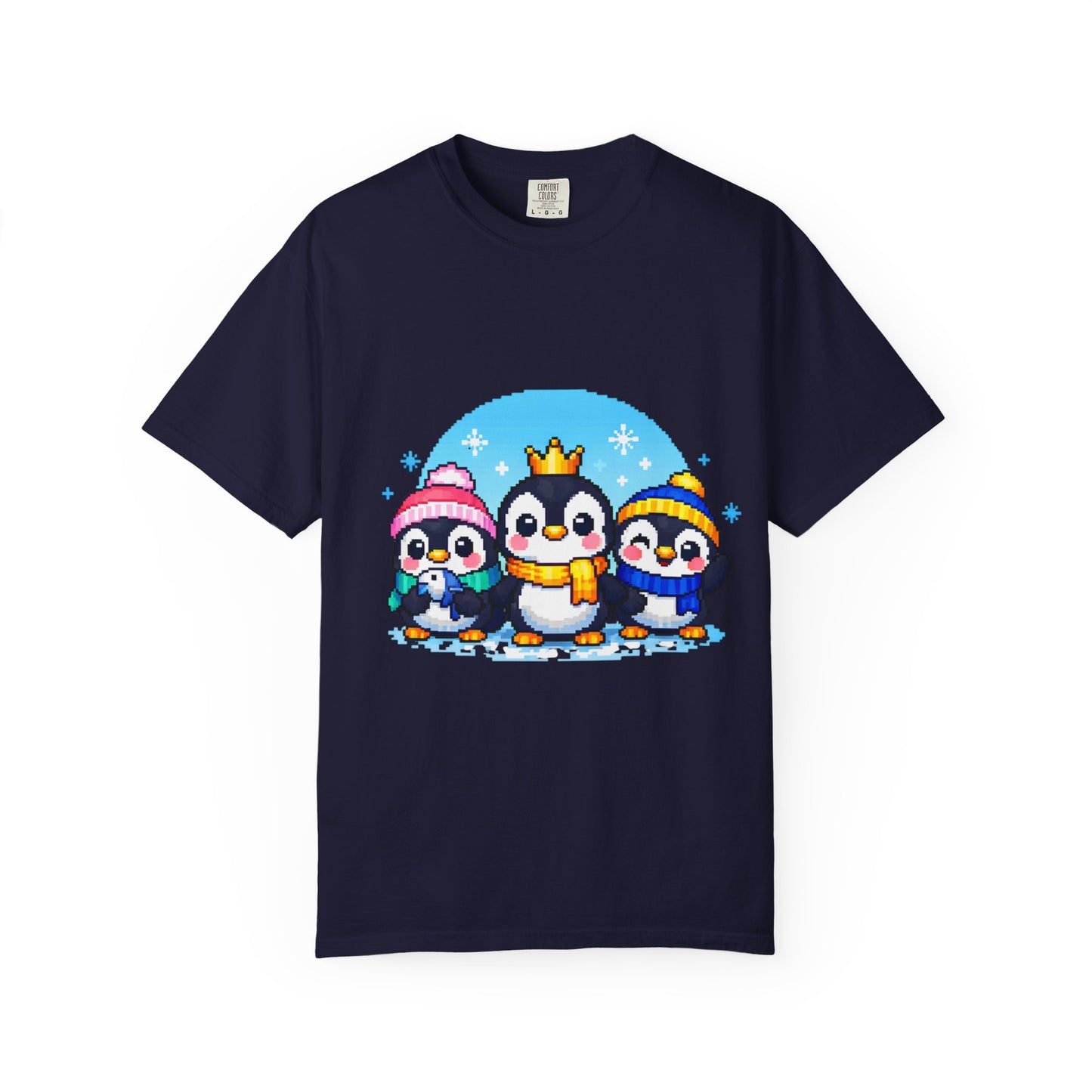 Cute Winter Penguin T‑Shirt — Three Cartoon Penguins with Crown & Scarves