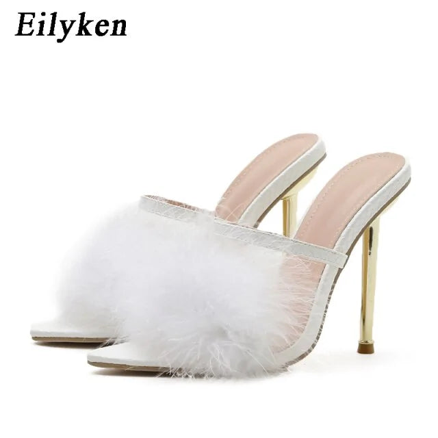 Pointed Toe Furry Slippers Ladies Sandals