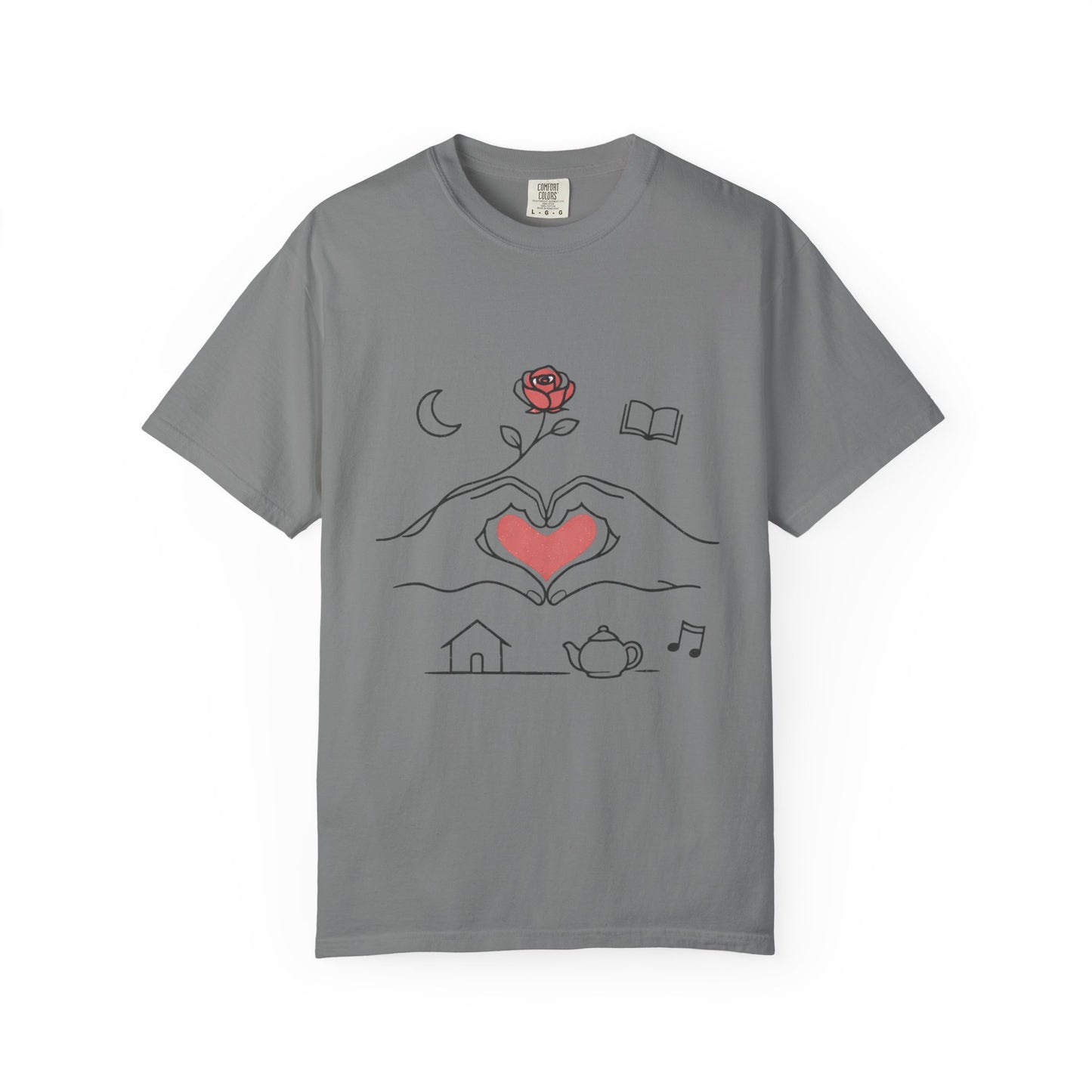 Heart Hands Graphic T-Shirt — Cozy Home, Tea & Book Love Design