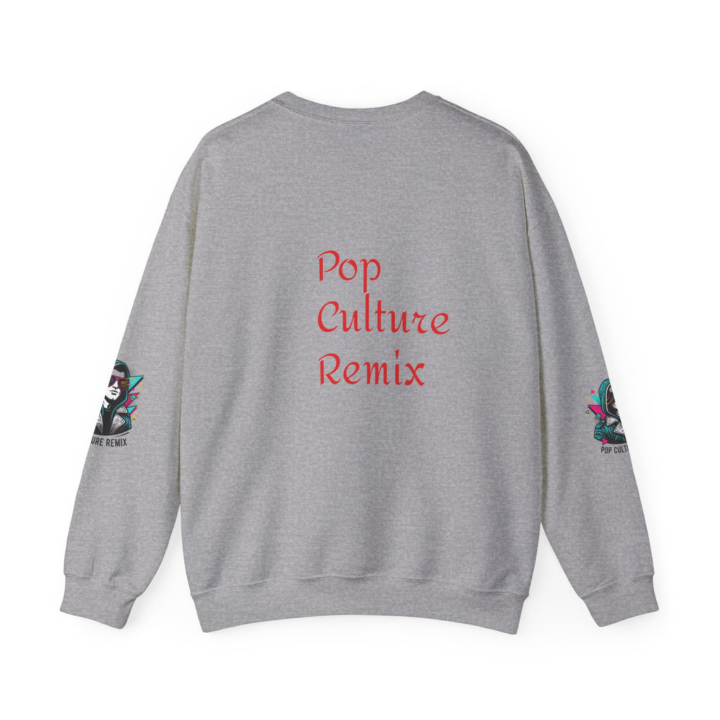 Pop Culture Remix Crewneck Sweatshirt — Retro Neon Hoodie Graphic