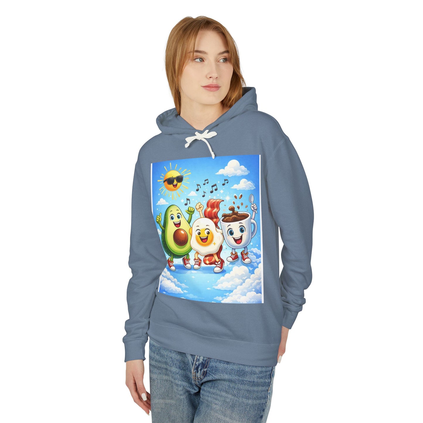 Happy Breakfast Friends Hoodie — Avocado, Egg & Coffee Cartoon Pullover