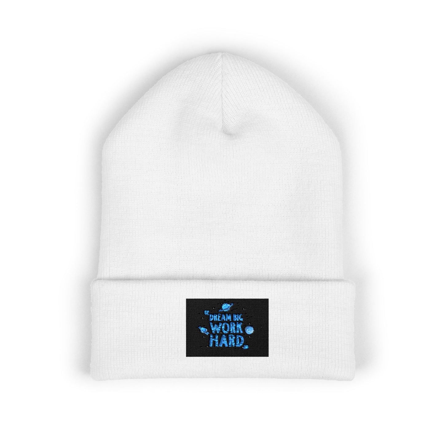 Classic Cuffed Beanie — Embroidered 'Never Stop' Blue Patch Winter Hat