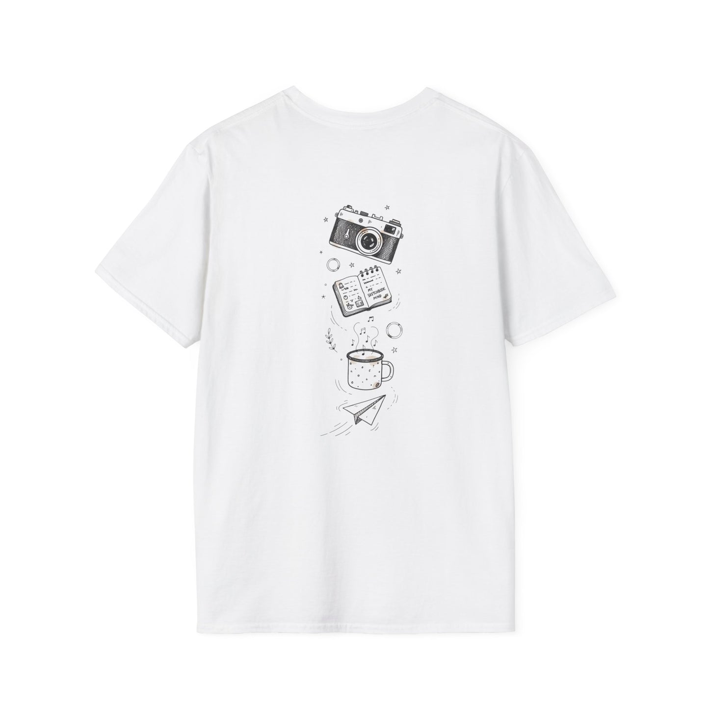 Photography & Coffee Graphic Tee — Camera, Notebook, Coffee Cup Design