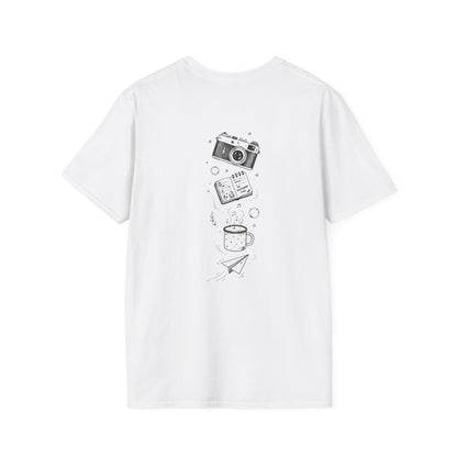 Photography & Coffee Graphic Tee — Camera, Notebook, Coffee Cup Design