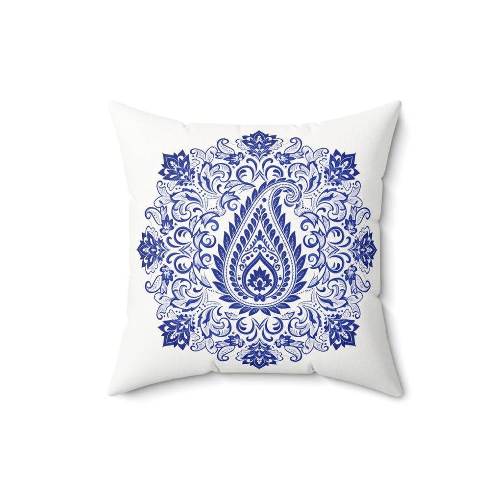 Blue Paisley Mandala Faux Suede Pillow — Decorative Square Throw Pillow