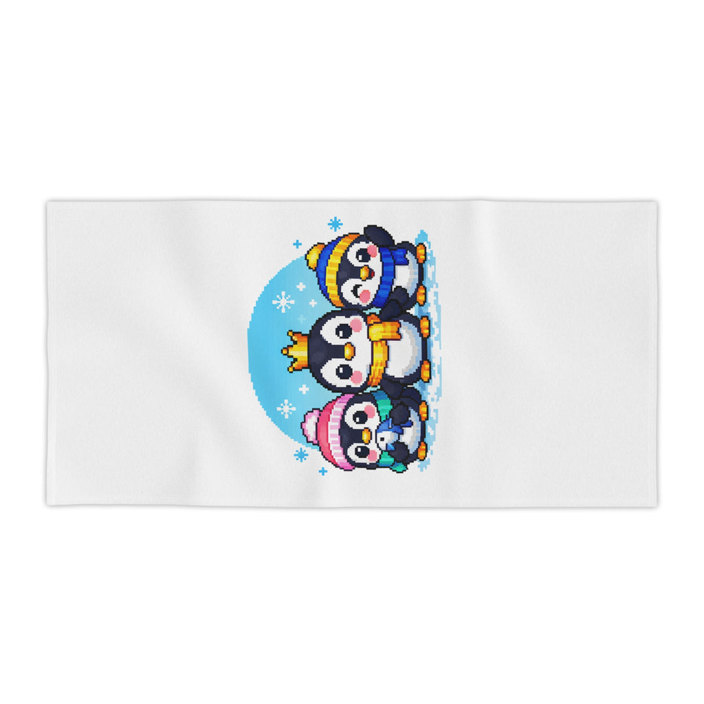 Cute Penguin Family Beach Towel — Winter Crown & Hat Cartoon Design