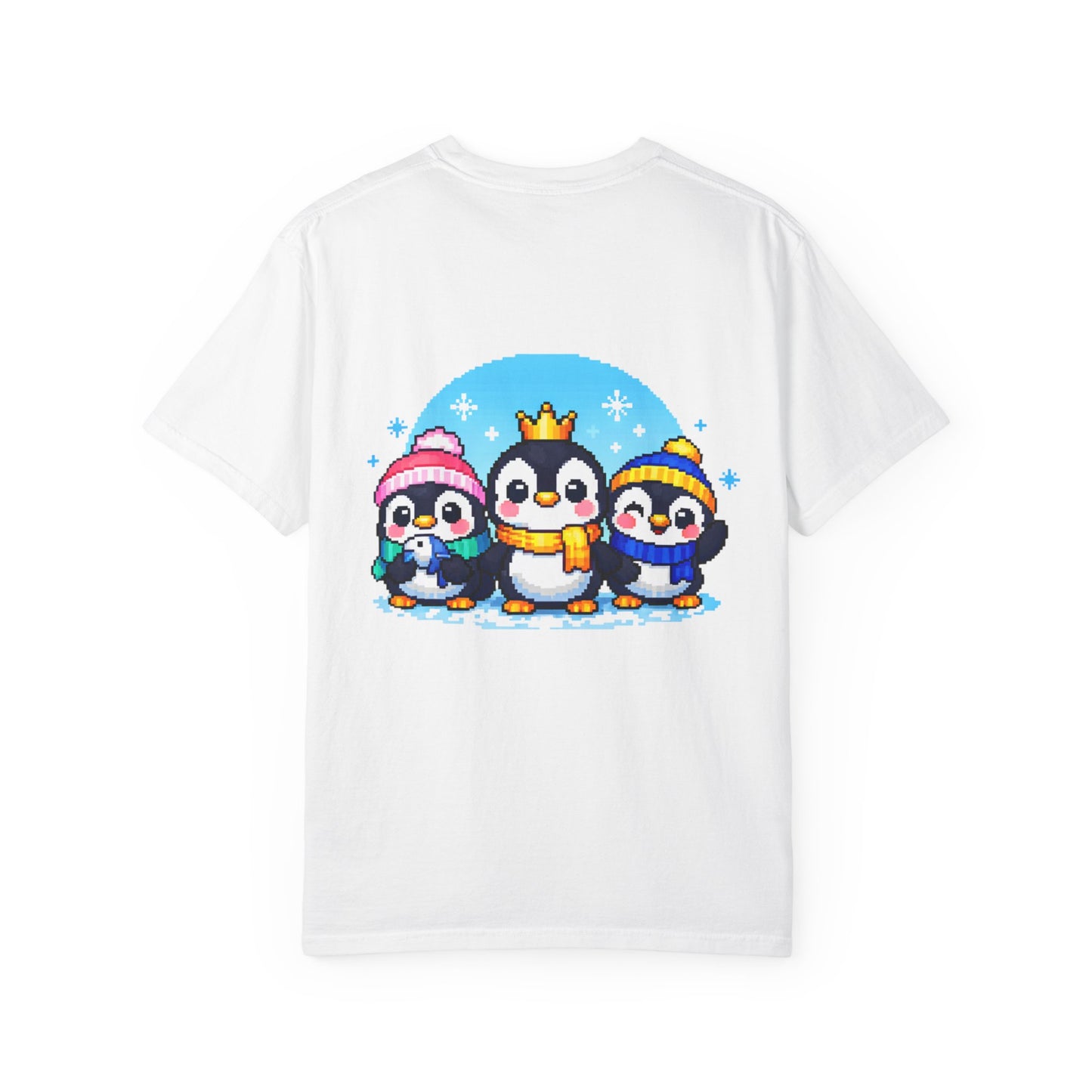 Cute Winter Penguin T‑Shirt — Three Cartoon Penguins with Crown & Scarves