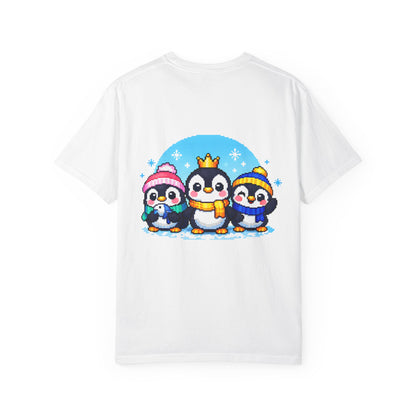 Cute Winter Penguin T‑Shirt — Three Cartoon Penguins with Crown & Scarves