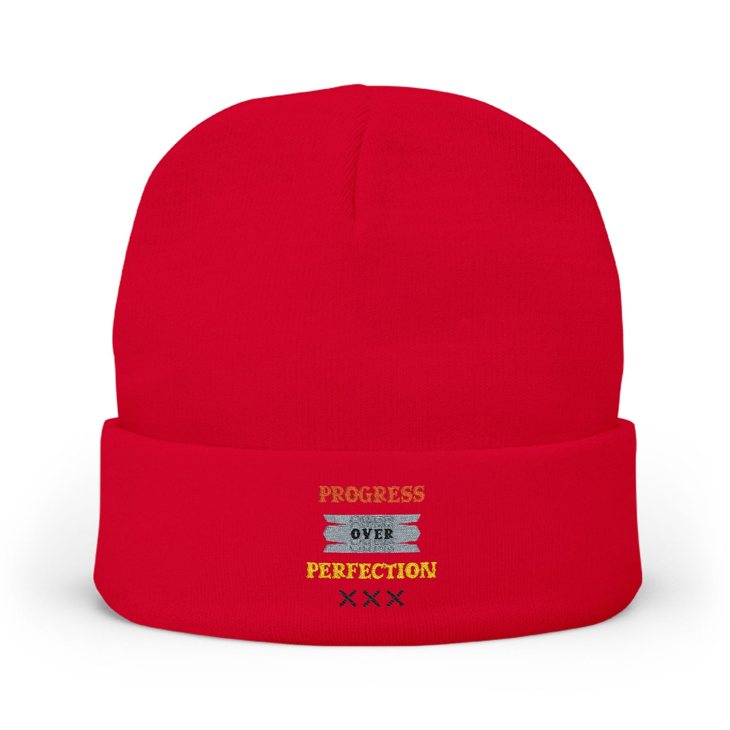 Embroidered Knit Beanie — 'Progress Over Perfection' Cozy Winter Hat