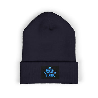 Classic Cuffed Beanie — Embroidered 'Never Stop' Blue Patch Winter Hat