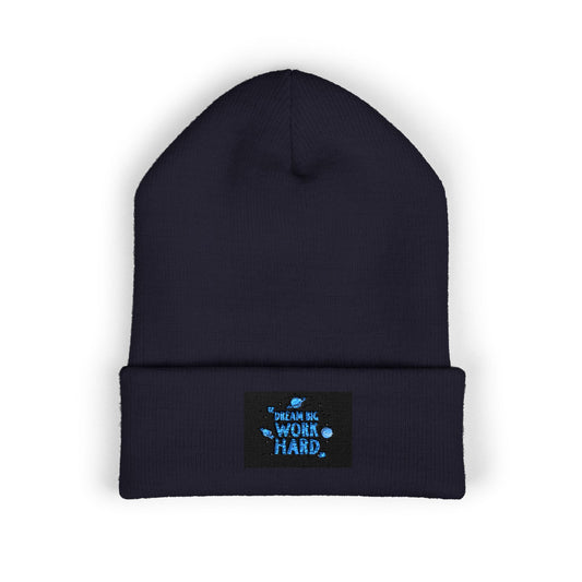 Classic Cuffed Beanie — Embroidered 'Never Stop' Blue Patch Winter Hat Merit Sell