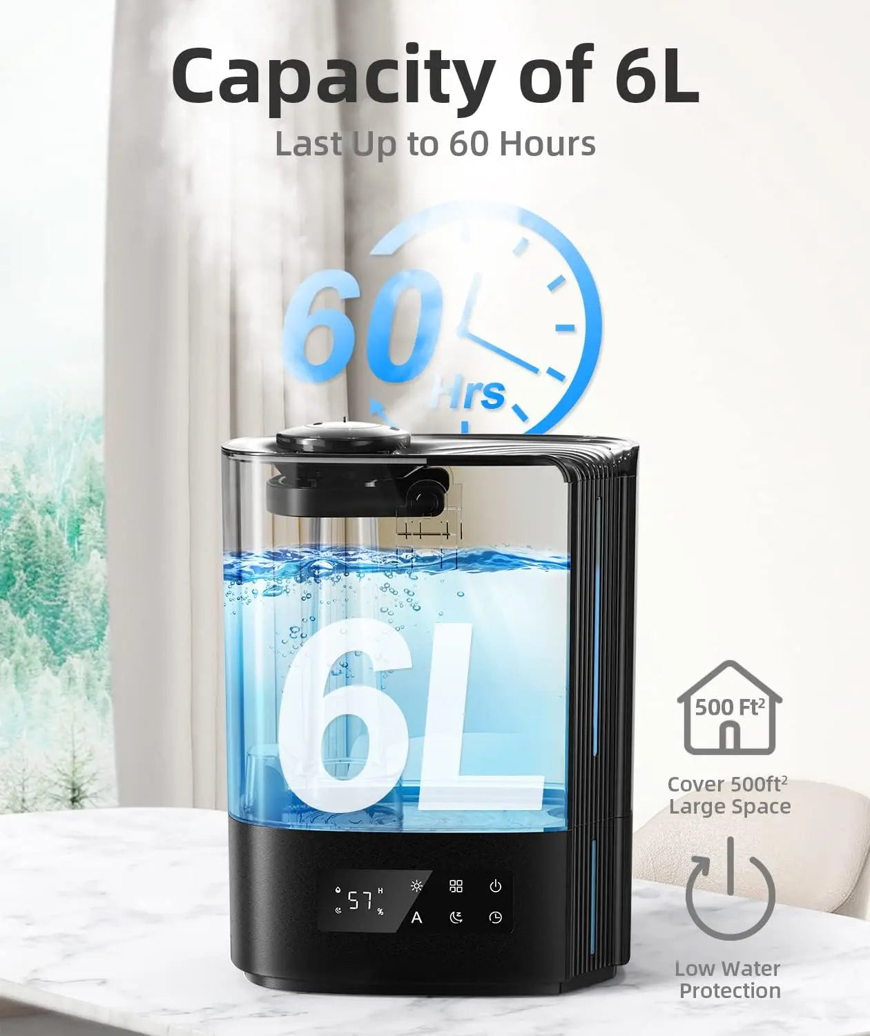 6L Humidifier Ultrasonic RGB Light for Bedroom ,360° Adjustable Mist Direction 60h Aroma Toy for Children's Room,Plants,300 ml/h - Merit Sell