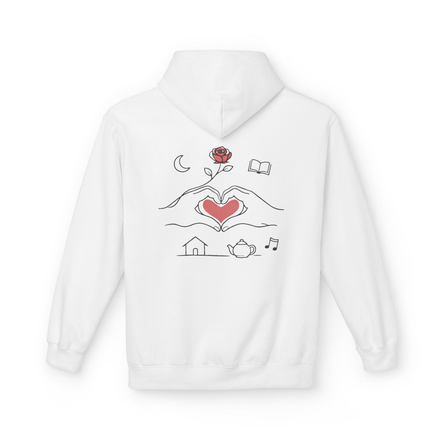 Cozy Heart & Rose Hoodie — Comfort, Home, Tea, Books Design