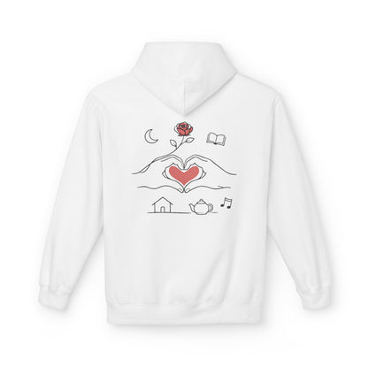 Cozy Heart & Rose Hoodie — Comfort, Home, Tea, Books Design