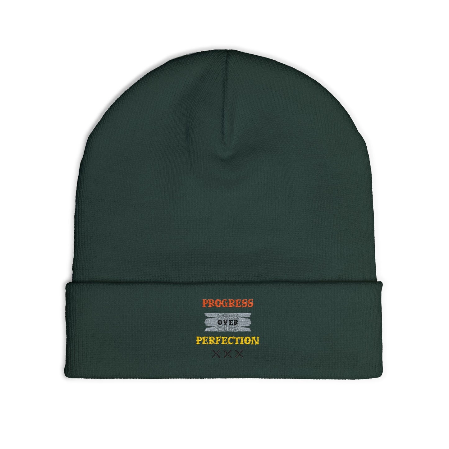 Embroidered Knit Beanie — 'Progress Over Perfection' Cozy Winter Hat