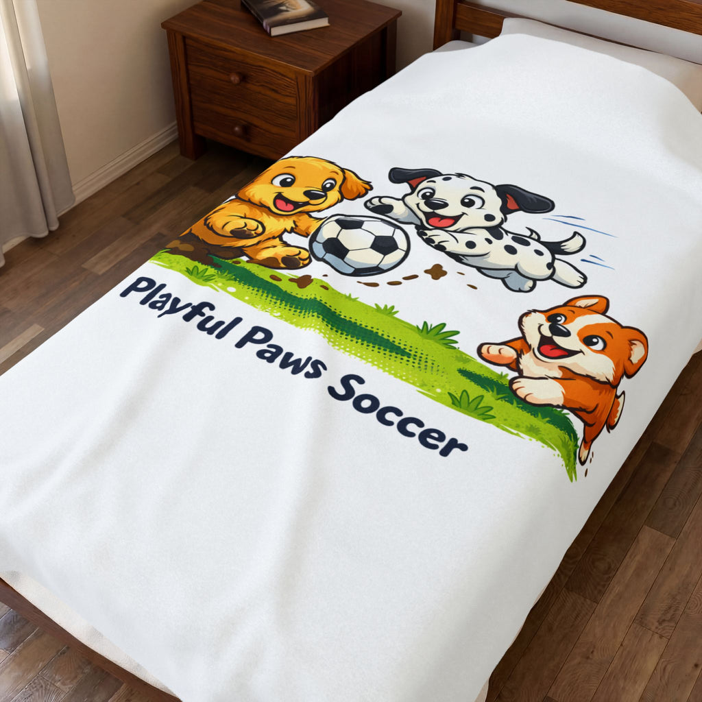 Plush Blanket - Playful Paws Soccer Cute Puppy Soccer Design