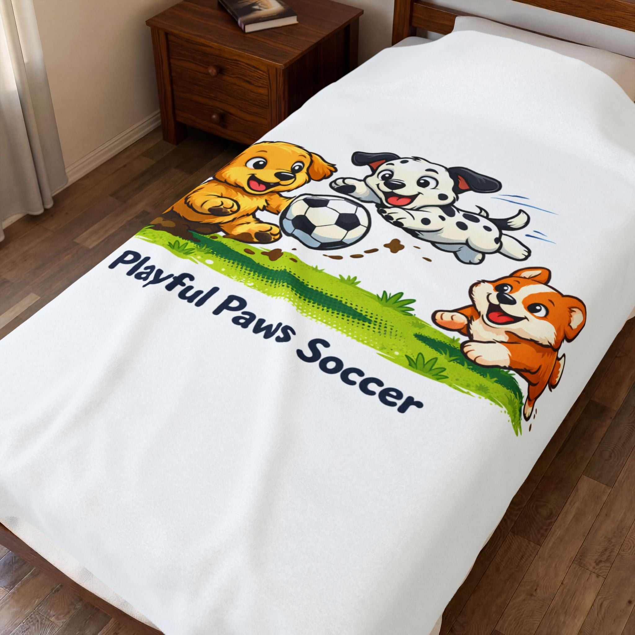 Plush Blanket - Playful Paws Soccer Cute Puppy Soccer Design