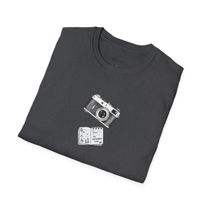 Photography & Coffee Graphic Tee — Camera, Notebook, Coffee Cup Design
