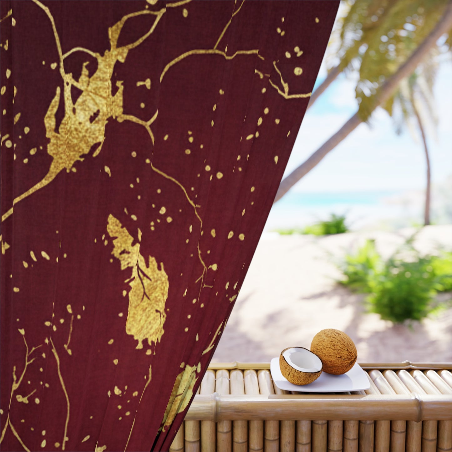 Gold Leaf Branch Window Curtain — Burgundy Drapery Panel