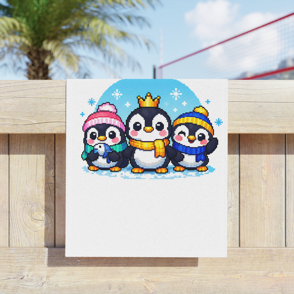 Cute Penguin Family Beach Towel — Winter Crown & Hat Cartoon Design