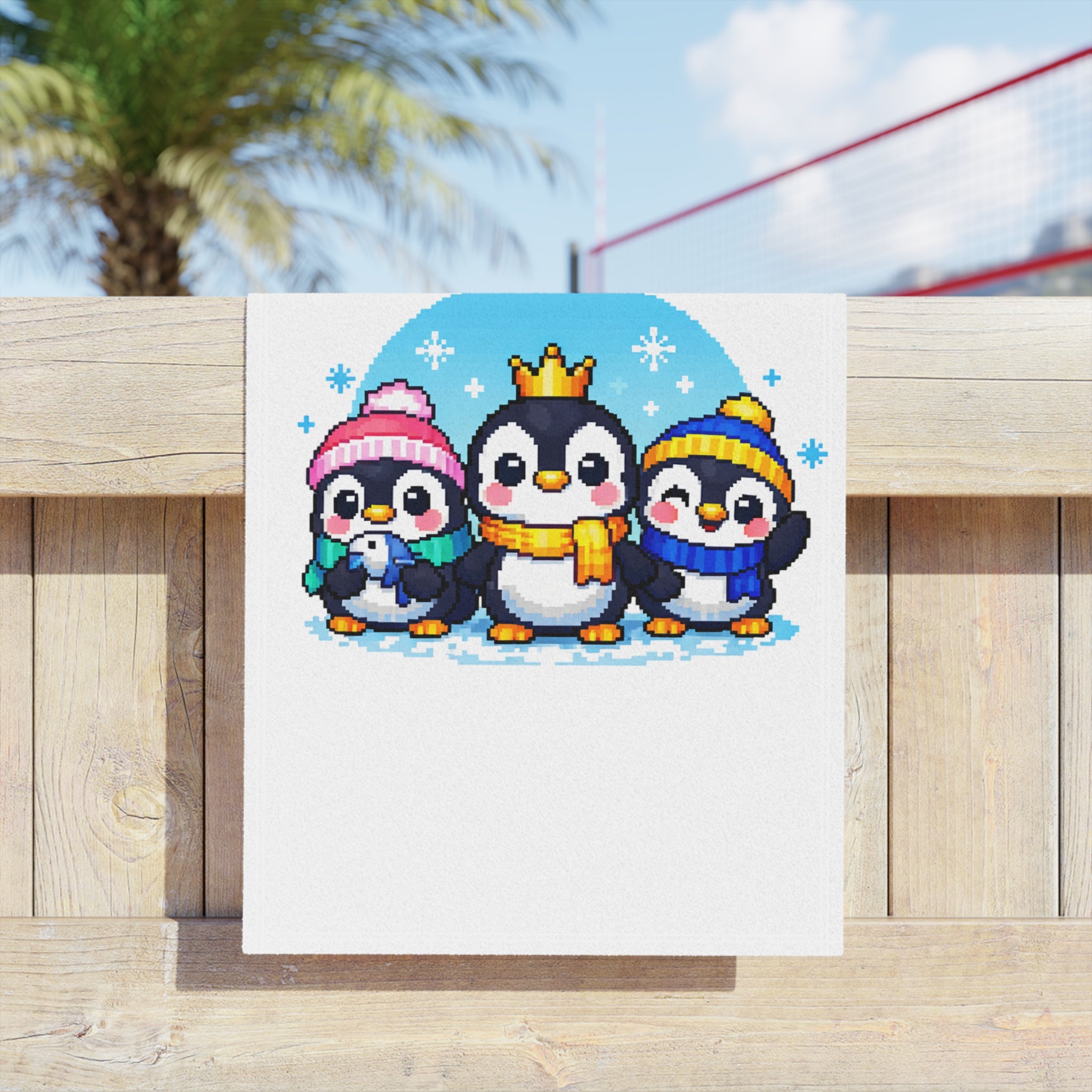 Cute Penguin Family Beach Towel — Winter Crown & Hat Cartoon Design