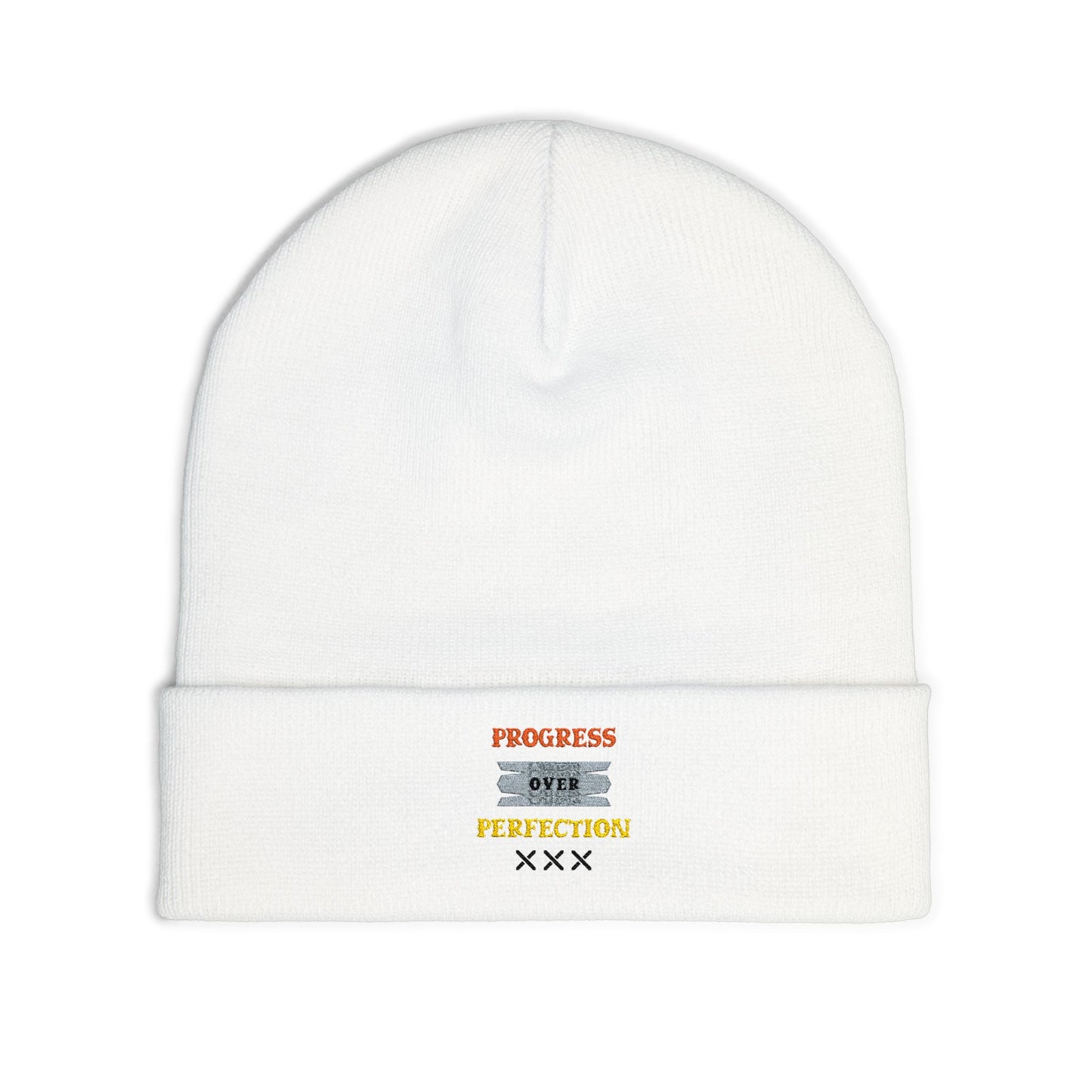 Embroidered Knit Beanie — 'Progress Over Perfection' Cozy Winter Hat