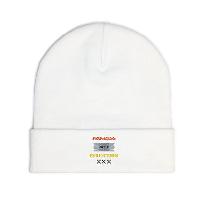 Embroidered Knit Beanie — 'Progress Over Perfection' Cozy Winter Hat