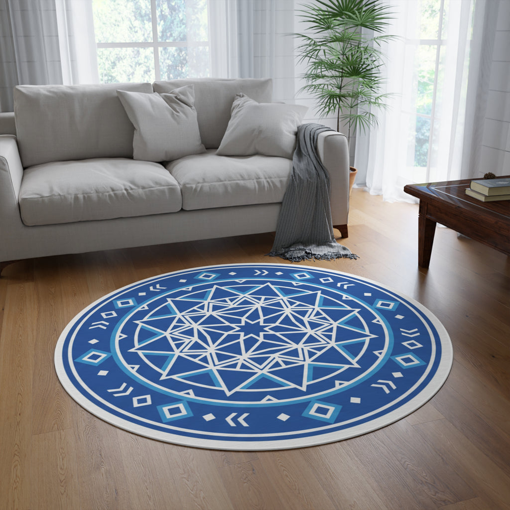 Blue Mandala Round Rug — Geometric Boho Accent Floor Mat
