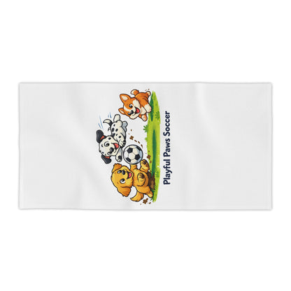 Playful Paws Soccer Beach Towel — Cute Puppies Playing Soccer Kids Towel