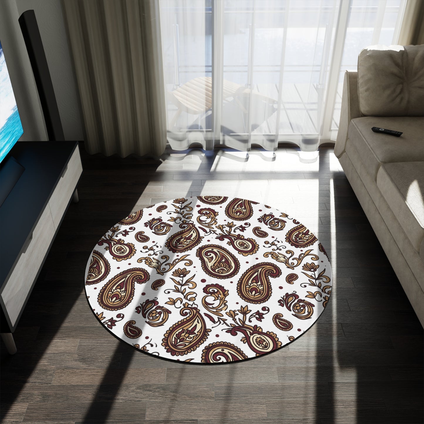 Round Paisley Accent Rug — Boho Brown Floral Round Rug for Living Room, Entryway, or Bedroom