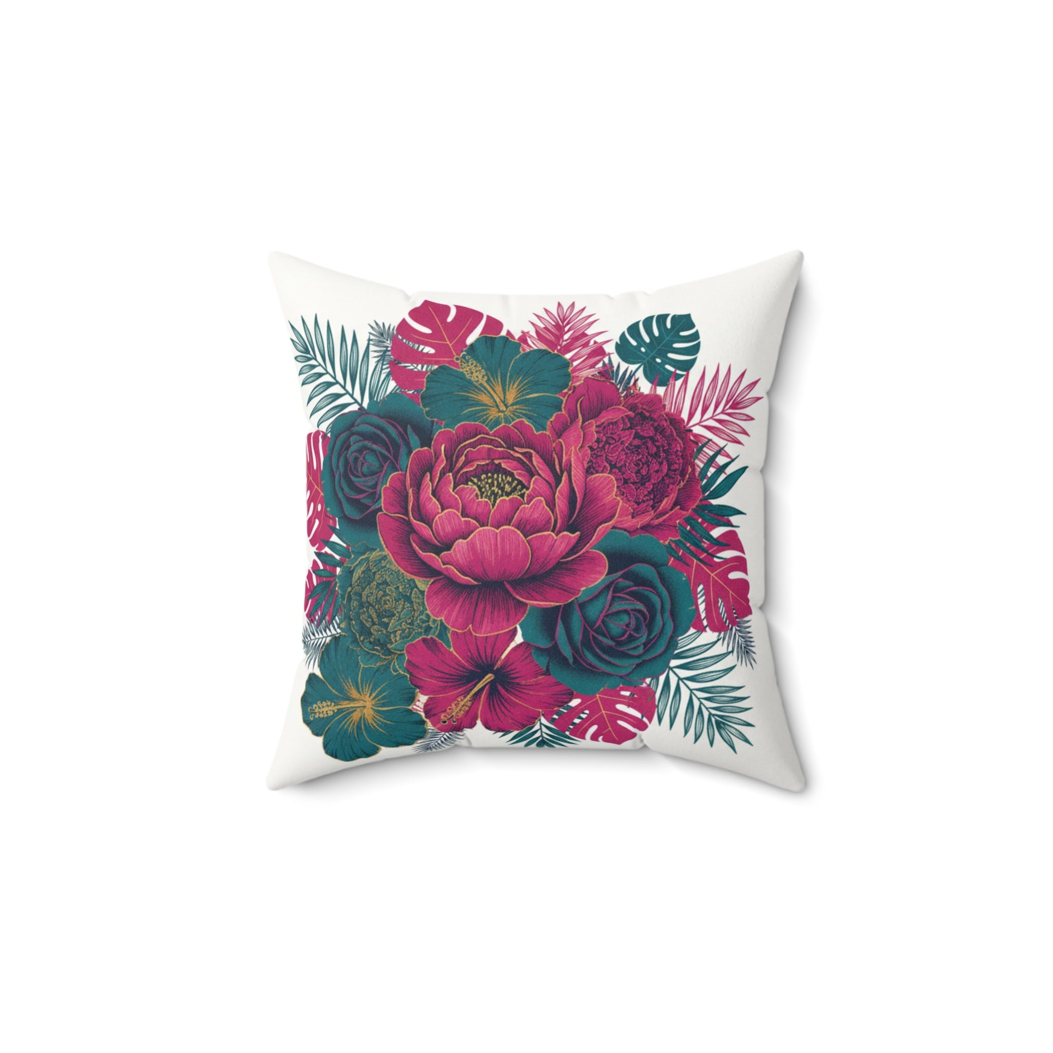 Floral Peony Succulent Pillow — Faux Suede Square Decorative Cushion