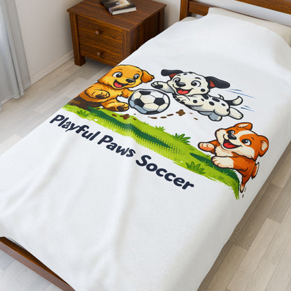 Plush Blanket - Playful Paws Soccer Cute Puppy Soccer Design