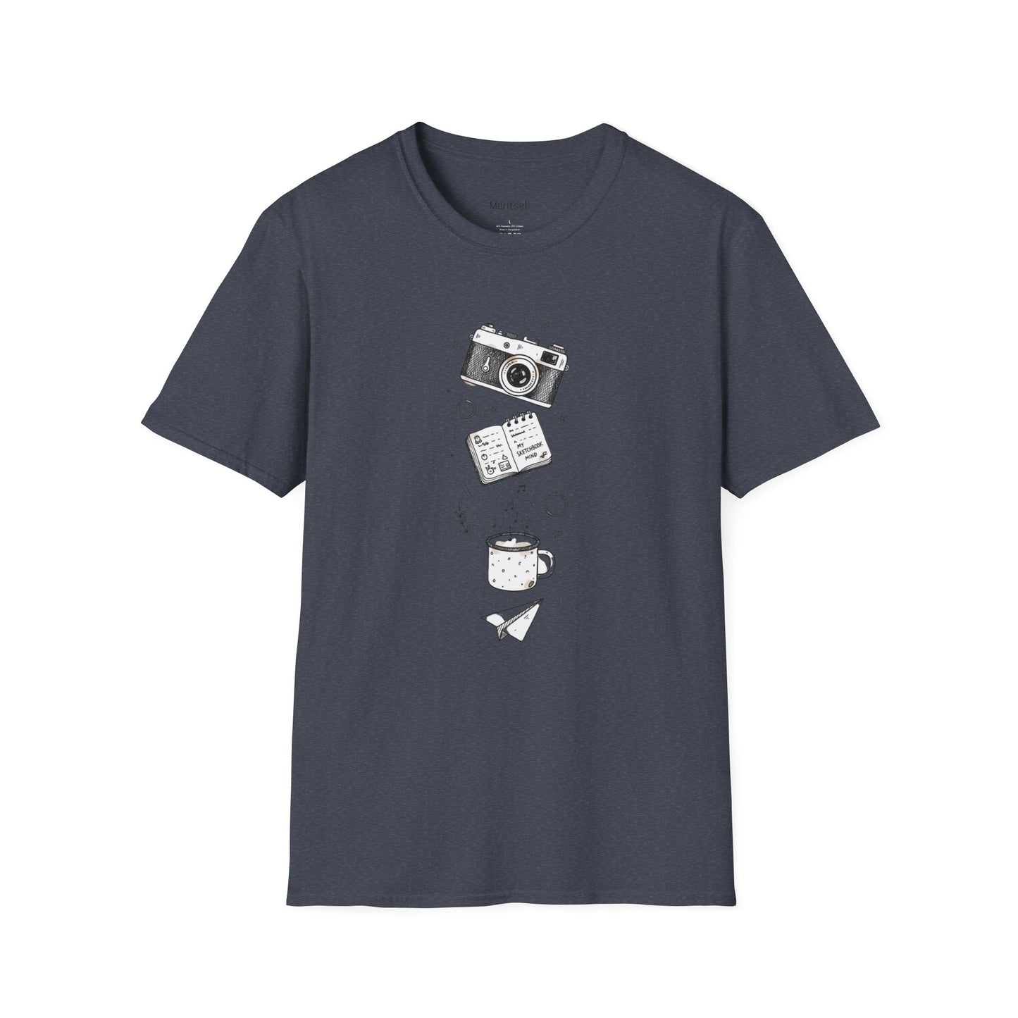 Photography & Coffee Graphic Tee — Camera, Notebook, Coffee Cup Design