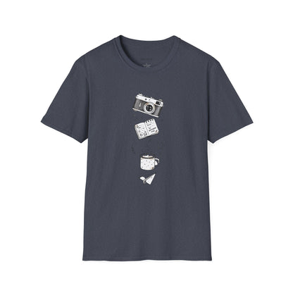 Photography & Coffee Graphic Tee — Camera, Notebook, Coffee Cup Design