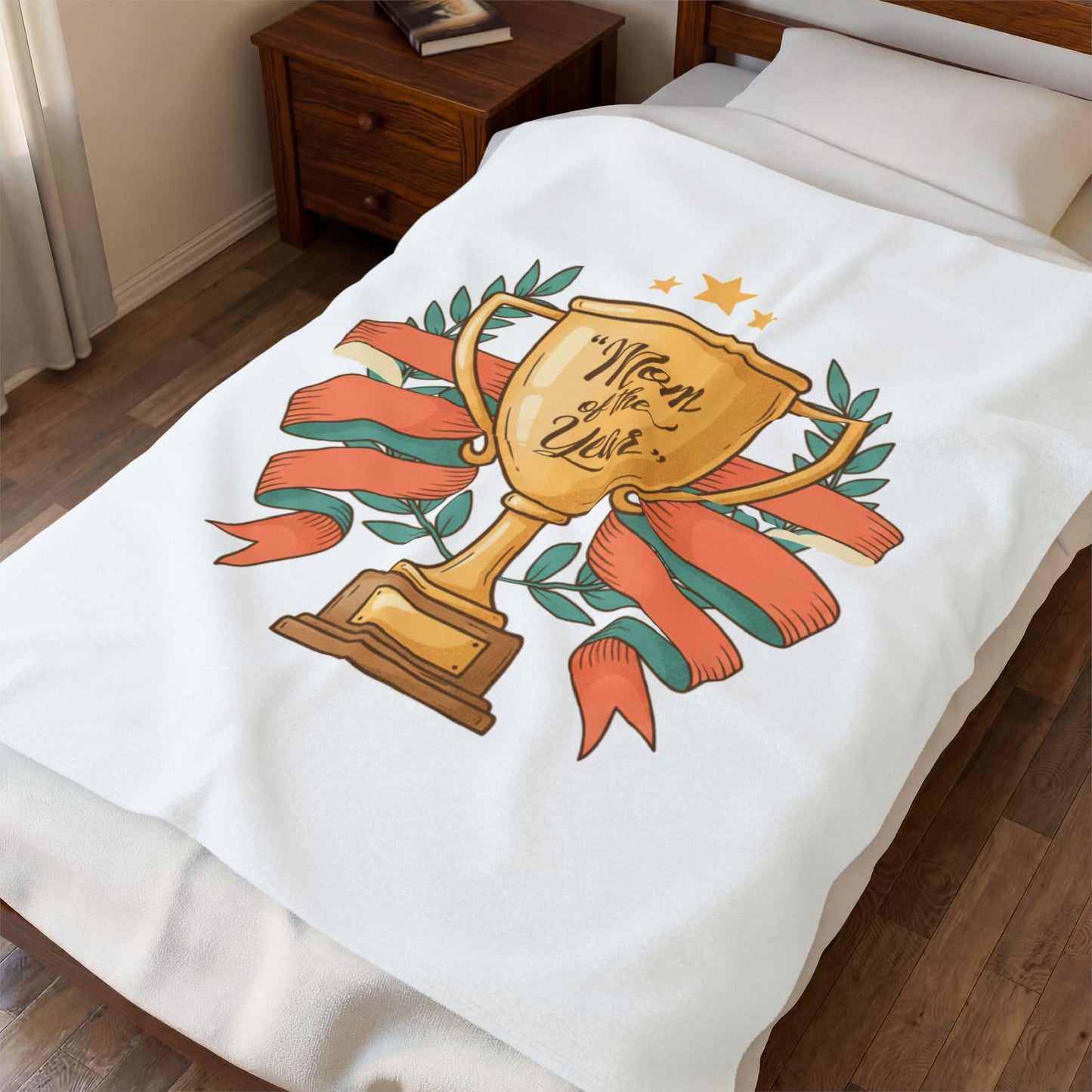 Mom of the Year Velveteen Plush Blanket – Trophy Design Mother’s Day Throw