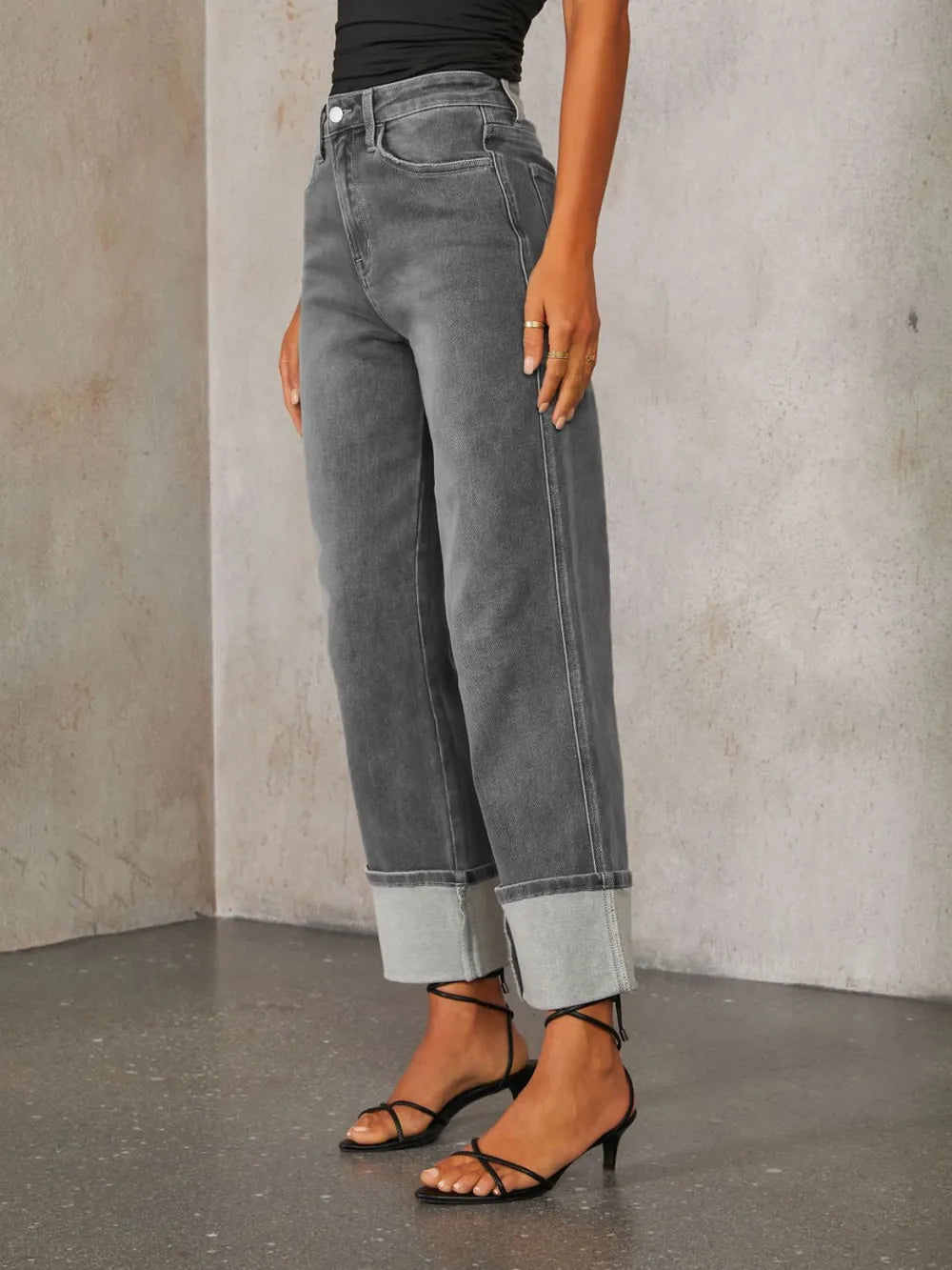 High Waisted Straight Leg Rolled Jeans - Merit Sell