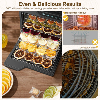 8-Tray Stainless Steel 625W, 165°F for Jerky/Fruit/Dog Treats, 50 Recipes, ≤48dB, Auto Shutoff, Dishwasher Safe Food Dehydrator - Merit Sell